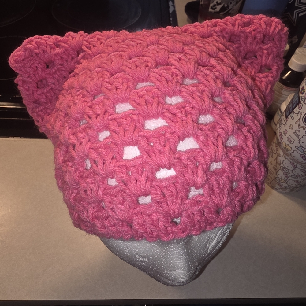 Handmade Pink Crochet Cat Ear Beanie